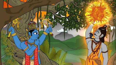 Shiva throws fire ball after Vishnu informs him of transgressor