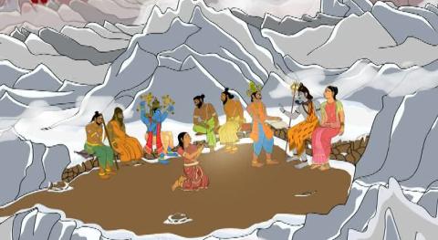 கதாநாயகி தமரை தனது வயிற்றில் மூன்று குழந்தைகளைப் பெறுகிறார்