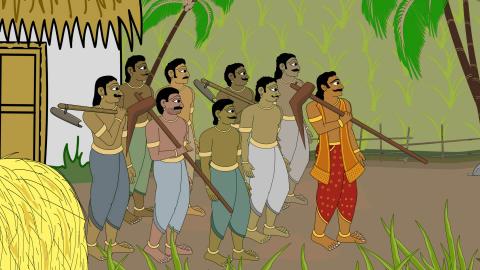கோலாத்தாவும் அவரது சகோதரர்களும் ஏர்களை சுமந்துகொண்டு கால்நடையாக பொன்னிவளாவை அடைகிறார்கள்