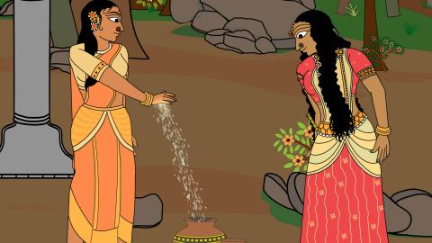 Sun Maiden fills Tangal&#039;s pot with a magic liquid that flows out of her hand