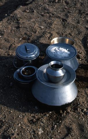 Photo of workers&#039; food in pots and pans