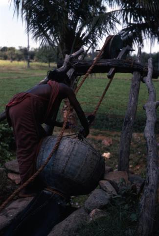 Photo of a woman pumping water from a Kamalai (traditional) well