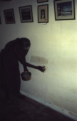 A woman is applying a mixture on the wall in the house