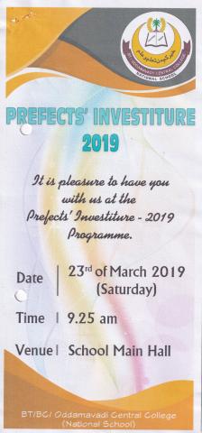 Invitation to PREFECTS&#039; INVESTITURE 2019