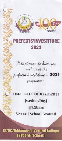 Invitation to PREFECTS&#039; INVESTITURE 2021