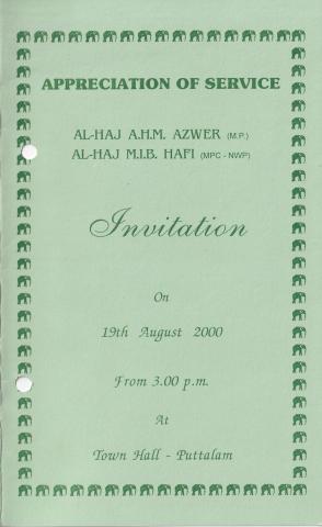 Invitation to Service Benefit Appreciation Ceremony for A.H.M.Azwer.M.I.B.Hafi