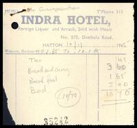 Cash Memo from the Indra hotel in Hatton to K. Sivanandasundaram