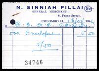 Cash Sale Receipt from N. Sinniah Pillai, General Merchant to ITAK, Colombo