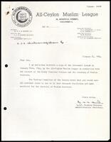 Letter from S. Z. M. Mashoor Moulana [Administrative Secretary, All Ceylon Muslim League] to S. J. V. Chelvanayakam
