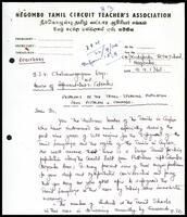 Letter from W. N. Leo Lanza [Secretary, Negombo Tamil Circuit Teacher&#039;s Association] to S. J. V. Chelvanayakam