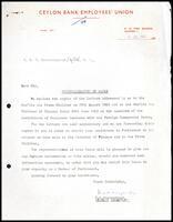 Letter from C. P. Jayawardena [General Secretary, Ceylon Bank Employees&#039; Union] to S. J. V.  Chelvanayakam
