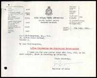 Letter from J. R. Jayawardena [Minister of State] to S. J. V. Chelvanayakam