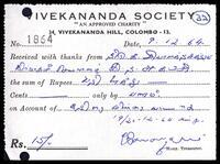 Receipt from Treasurer, Vivekananda Society, Colombo to K. Sivanandasundaram (ITAK Executive Secretary)