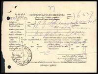 Registered Postal Article Receipt [V. Navaratnam to S. J. V. Chelvanayakam]