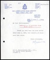 Letter from [?] (the Permanent Secretary, Ministry of Defence &amp; External Affairs) to S. J. V. Chelvanayakam