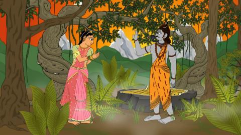 பார்வதி தனது சகோதரர் விஷ்ணுவின் வேண்டுகோளின்டடி சிவனைத் தூண்ட முயற்சிக்கிறார்
