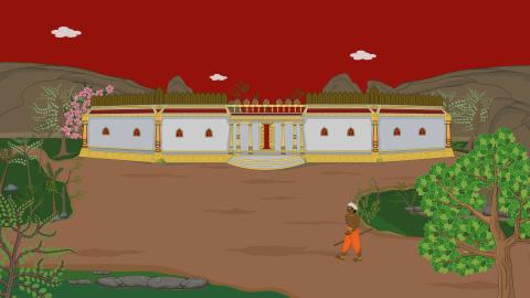 கதாநாயகர்களின் உதவியாளர் சம்புகன் அவர்களின் வேடுவ எதிரிகளின் கோட்டையைக் காண்கிறார்