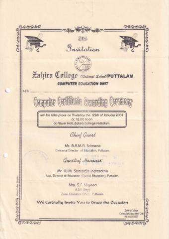Invitation to Certificate Ceremony in Computer Education page 1