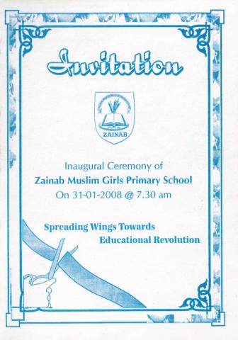 Sainab Muslim Girls Primary school Inauguration Invitation page 1